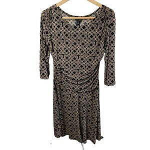 En Focus Studio Black Tan Patterned Slinky Stretchy Midi Dress Sz 12